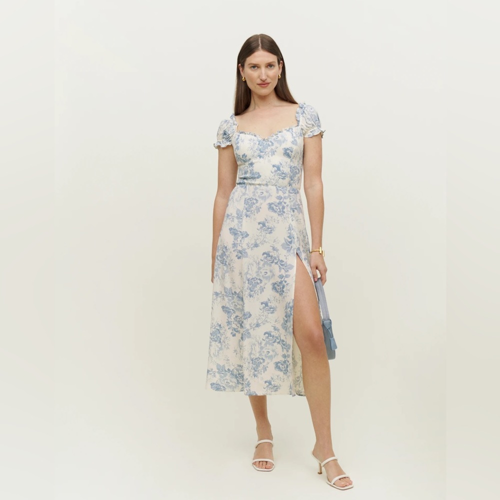 Reformation Cream and Blue Floral Midi Dress